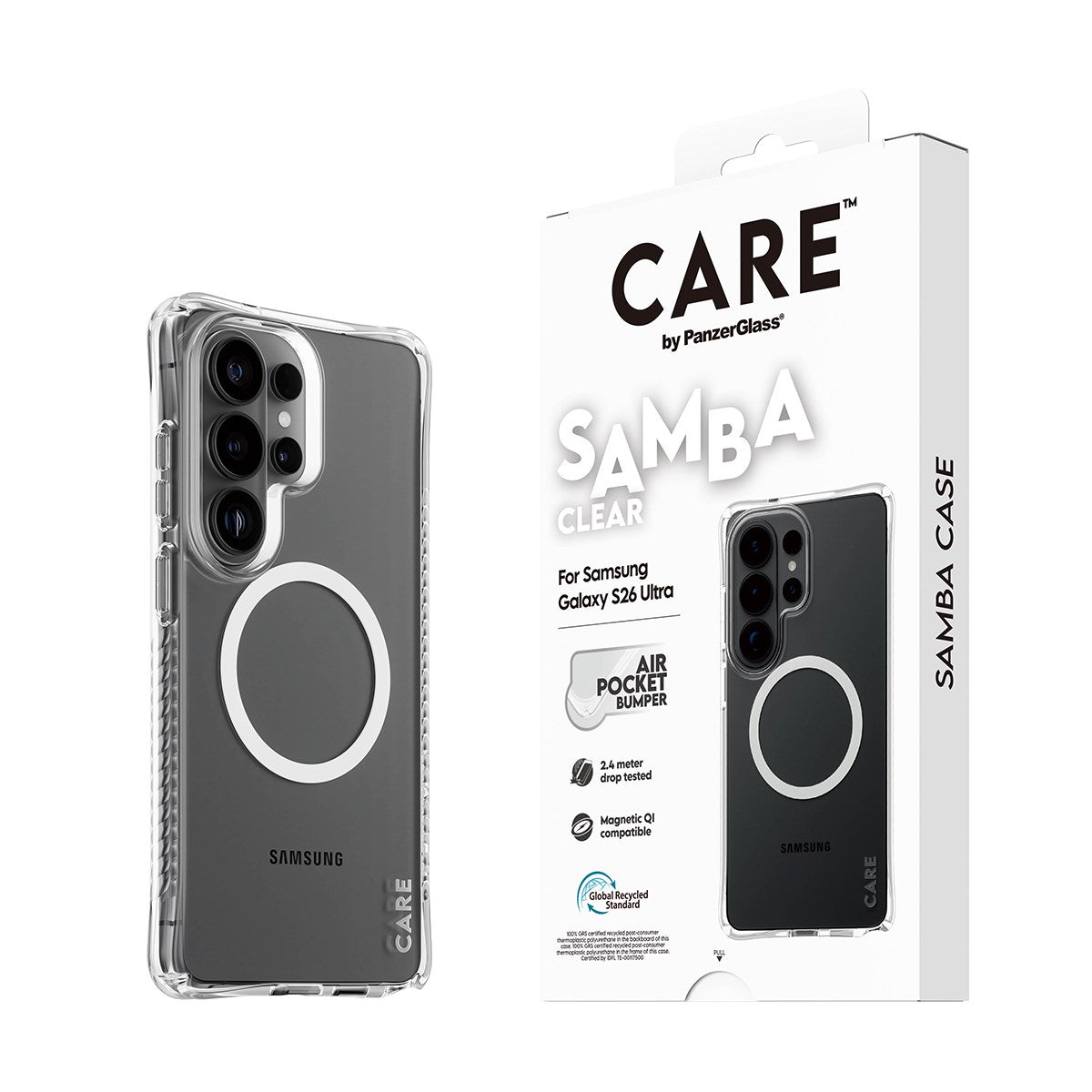 CARE™ by PanzerGlass® Samba Case Transparent m. Weiss Qi Samsung Galaxy S26 Ultra